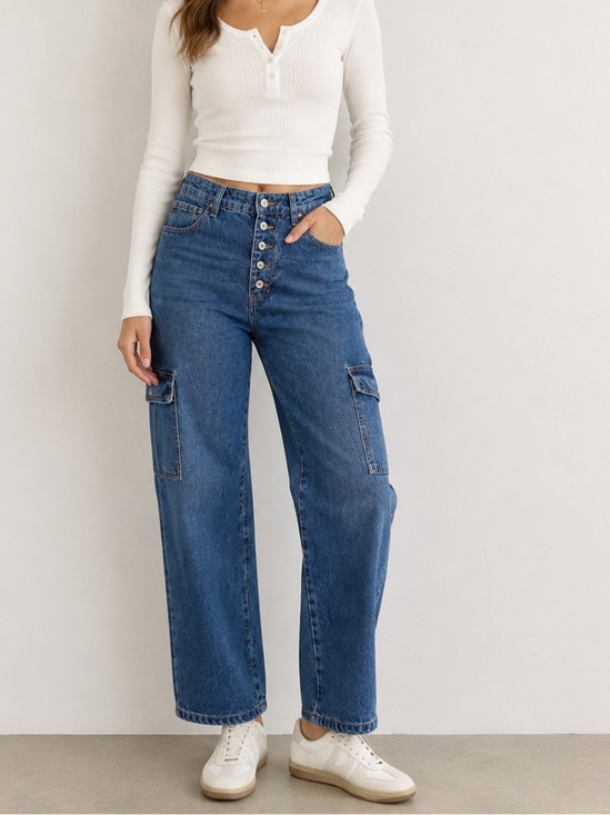 KanCan Pants - KanCan High-Rise Everyday Cargo Blue Jeans Women's Size 11‎ Wide Leg Edgy